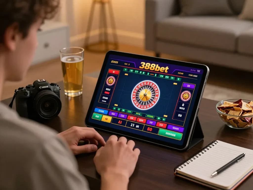 Player using 388bet app for online roulette at home with vibrant graphics and cozy atmosphere.