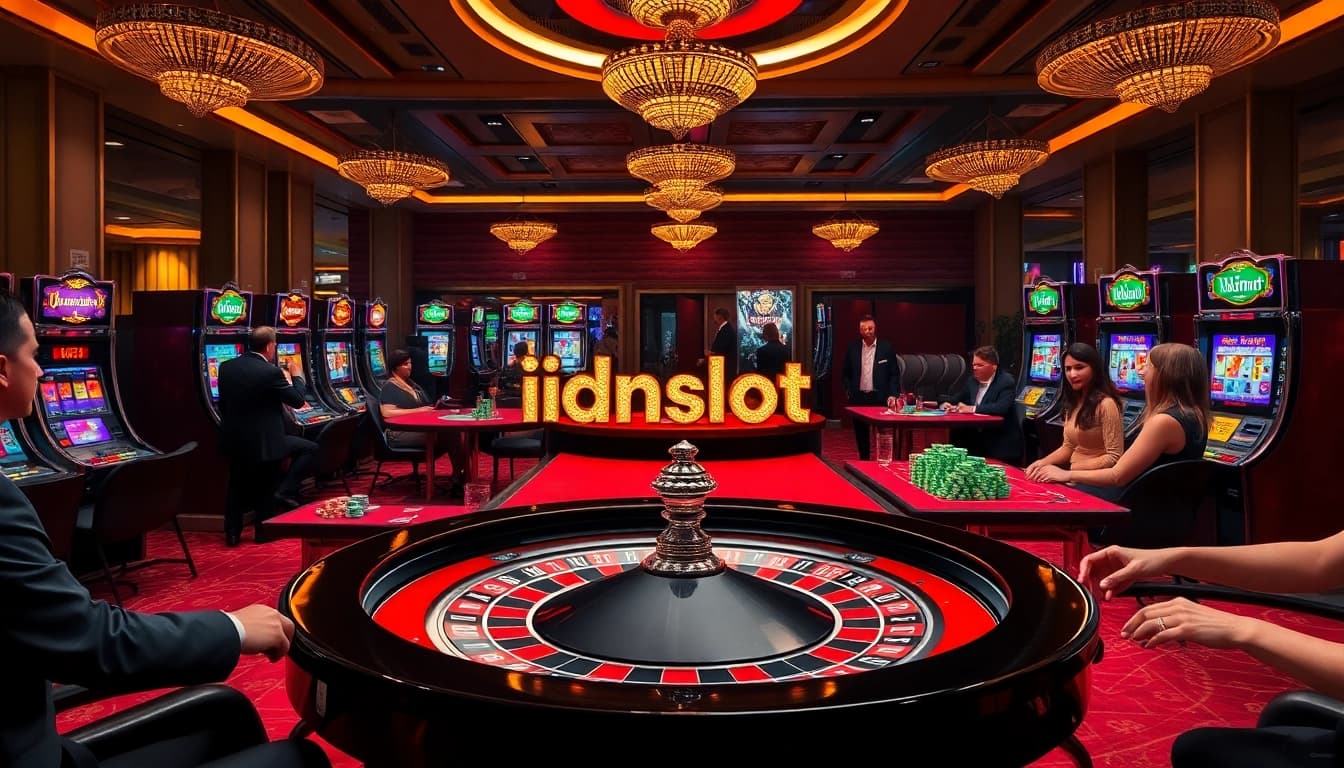 Players engaging in thrilling games at a luxury casino with vibrant idnslot machines.