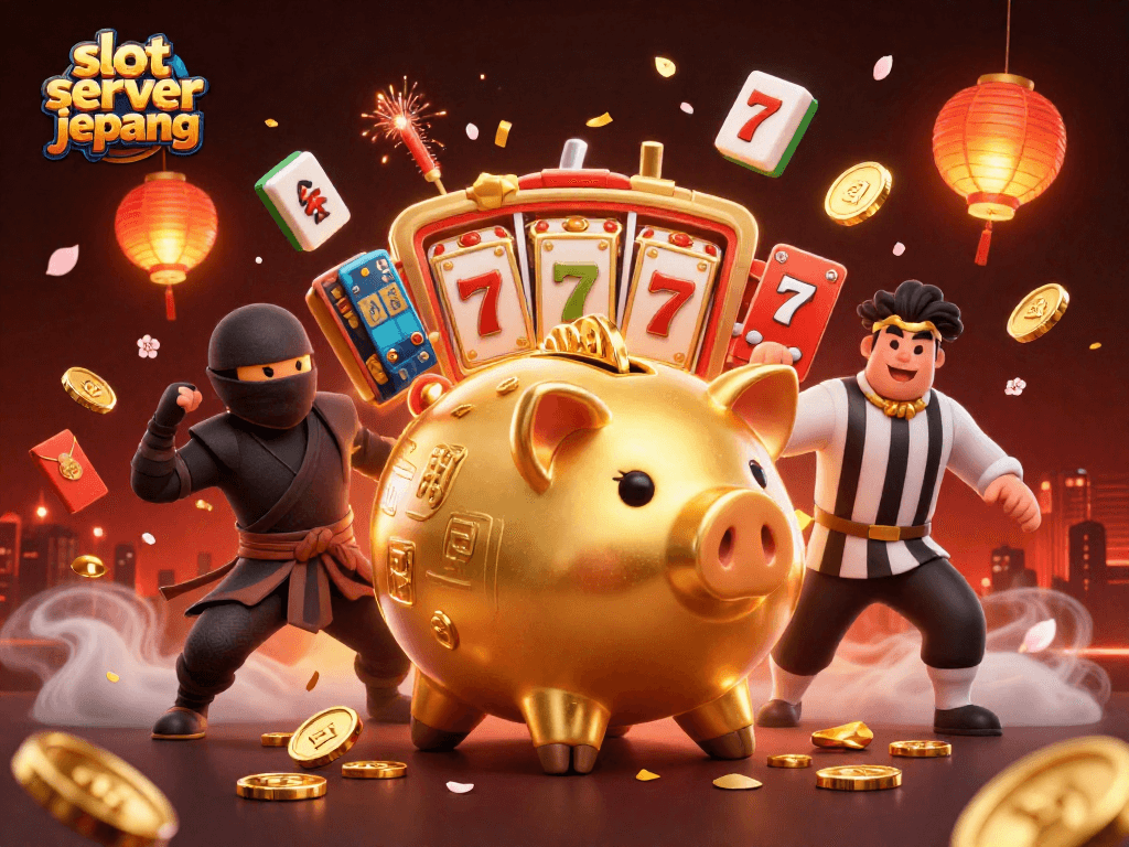 Experience excitement with the slot server jepang featuring golden characters and festive elements.