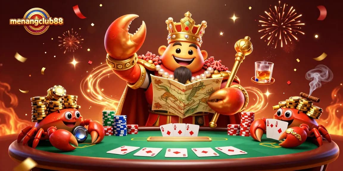 Engage with the vibrant world of menangclub88 featuring a golden crab emperor in a casino scene.