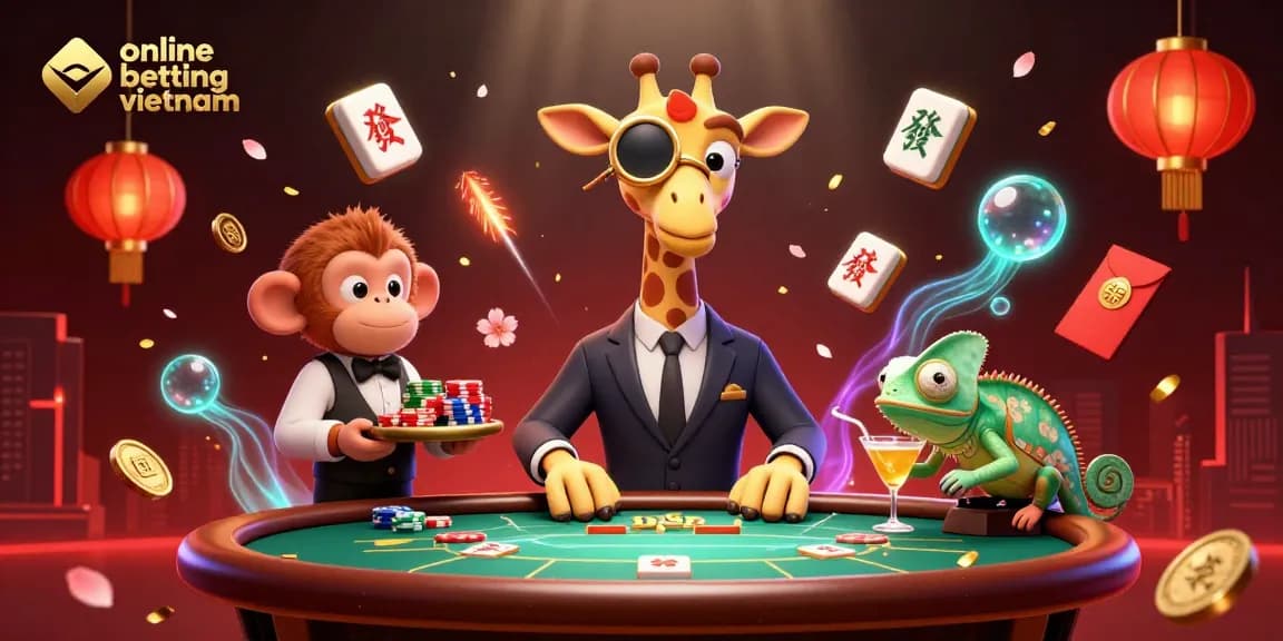 Engage in online betting Vietnam with vibrant 3D casino illustration showcasing an exciting scene of a giraffe gambler.