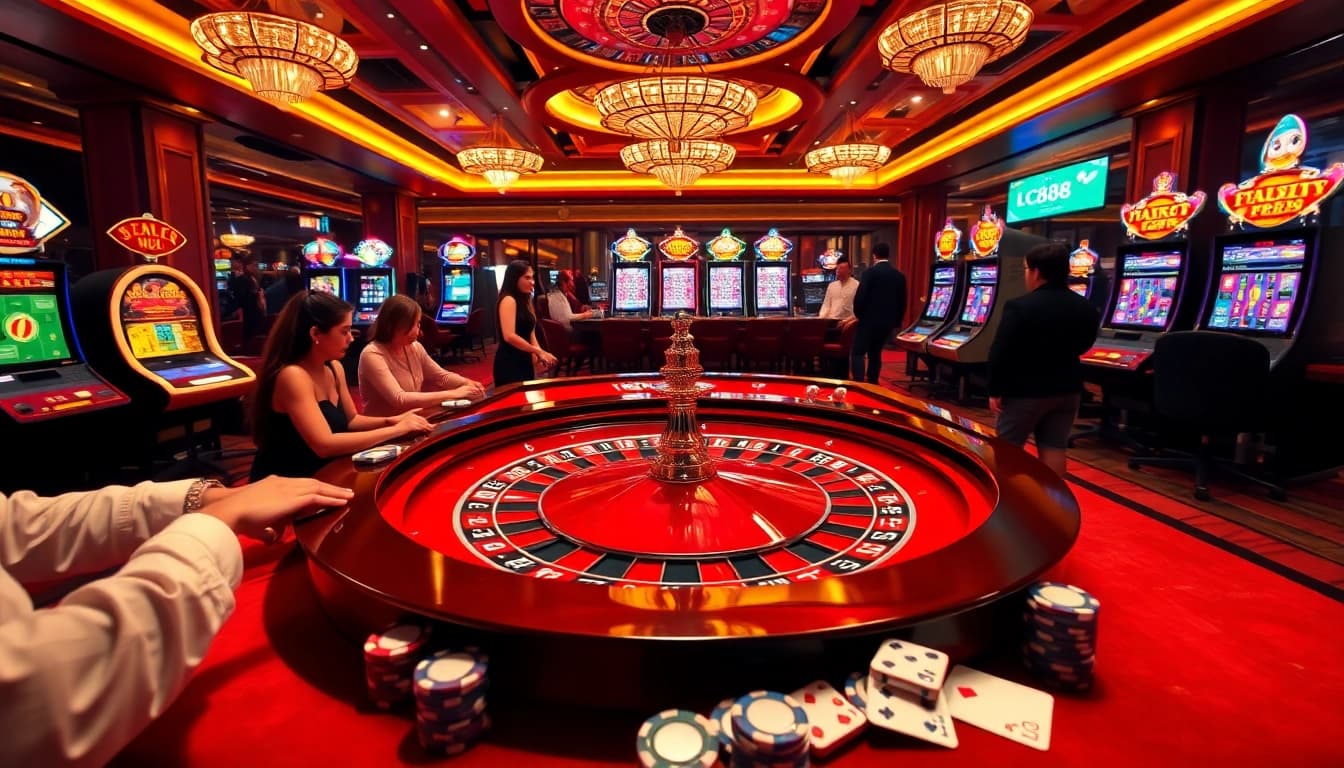 LC88 players engaging at an elegant roulette table in a luxurious casino setting.