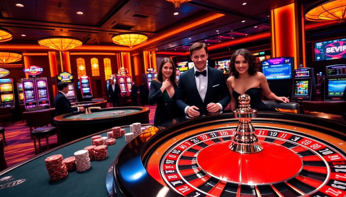 Excited gamblers placing bets at 68VIP casino table with roulette wheel and chips.