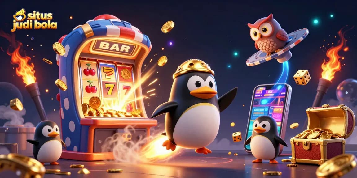 Situs judi bola illustration showcasing a golden penguin in space, surrounded by dynamic casino elements.