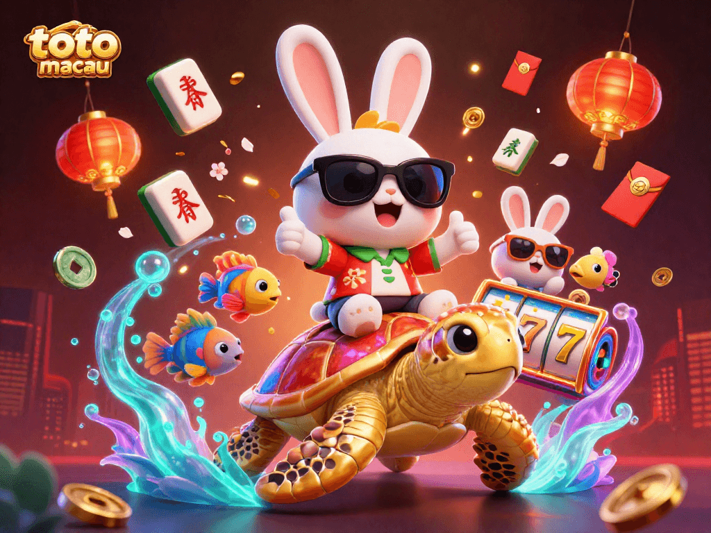 Experience excitement at toto slot macau with a lucky rabbit on a golden sea turtle, surrounded by vibrant slot elements.