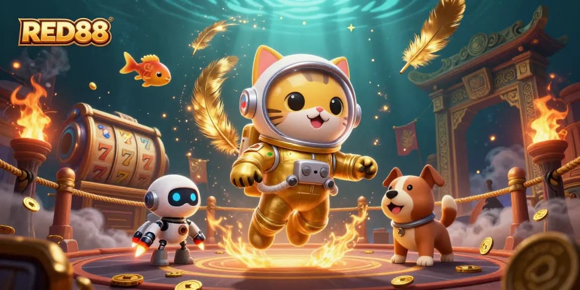Engage with RED88's vibrant casino scene featuring a golden space astronaut cat and dynamic gaming elements.