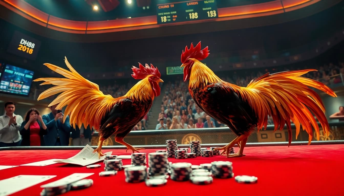 Exciting live cockfighting action at Đá gà DH88 with dynamic betting visuals.
