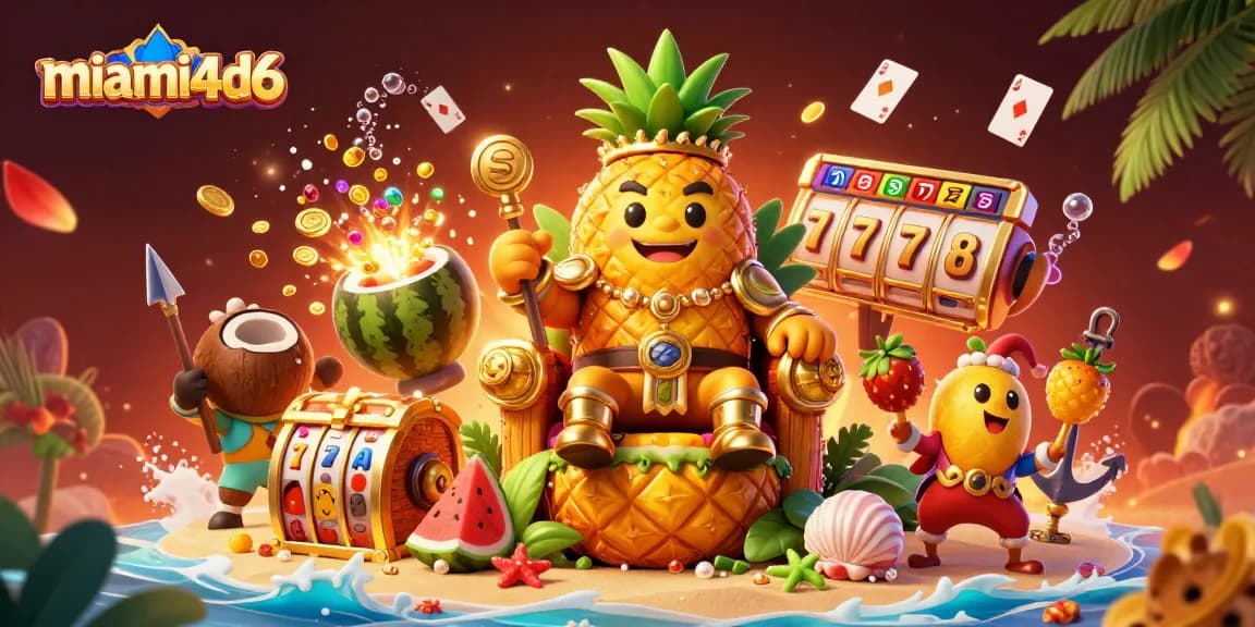 Experience thrilling wins at miami4d6 with our vibrant 3D illustration of a fun-filled beach casino extravaganza!
