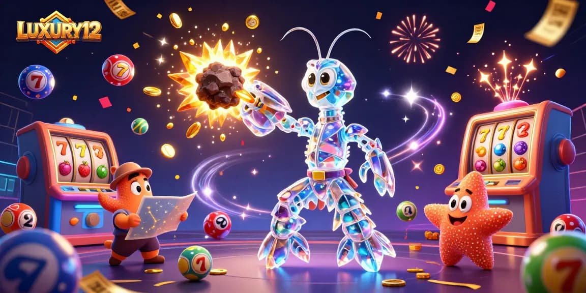 LUXURY12 offers exhilarating slot gaming experiences with vibrant characters, coins, and jackpot elements depicted in a lively 3D scene.
