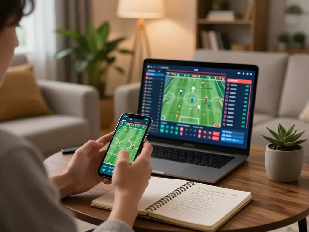 Engaging in mobile sports betting on the mposport platform in a cozy living room.