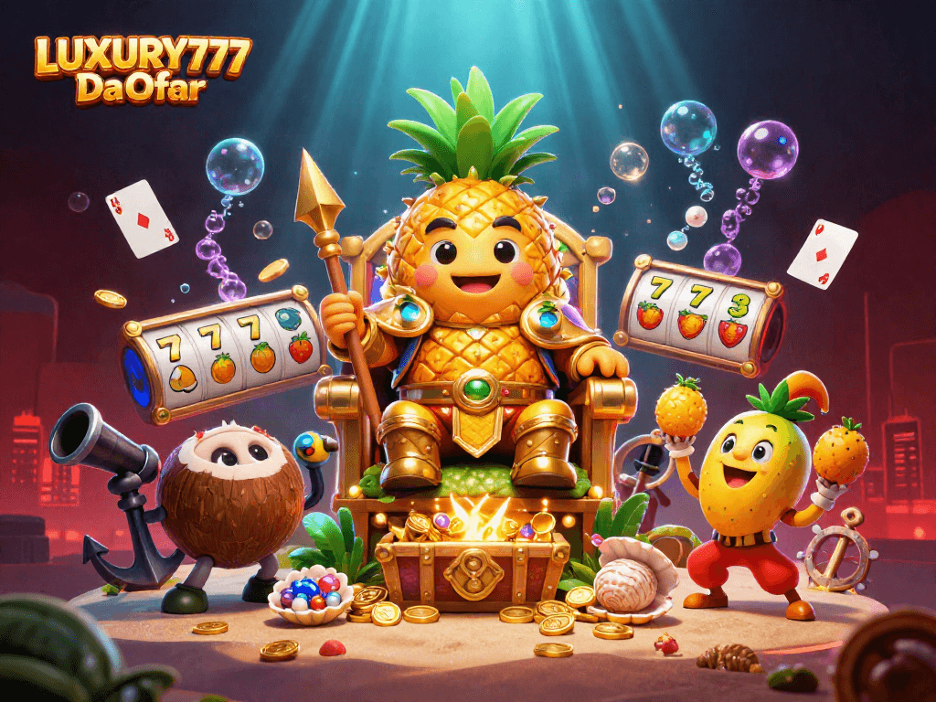 LUXURY777 Daftar mempersembahkan raja nanas emas 3D dikelilingi slot mesin dan peti harta karun