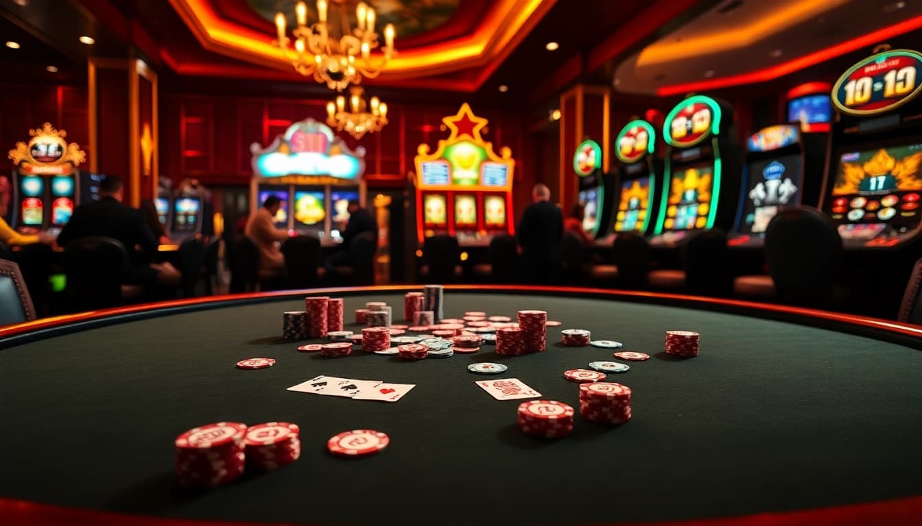 SODO casino players enjoying high-stakes poker in a luxurious setting with vibrant slot machines.