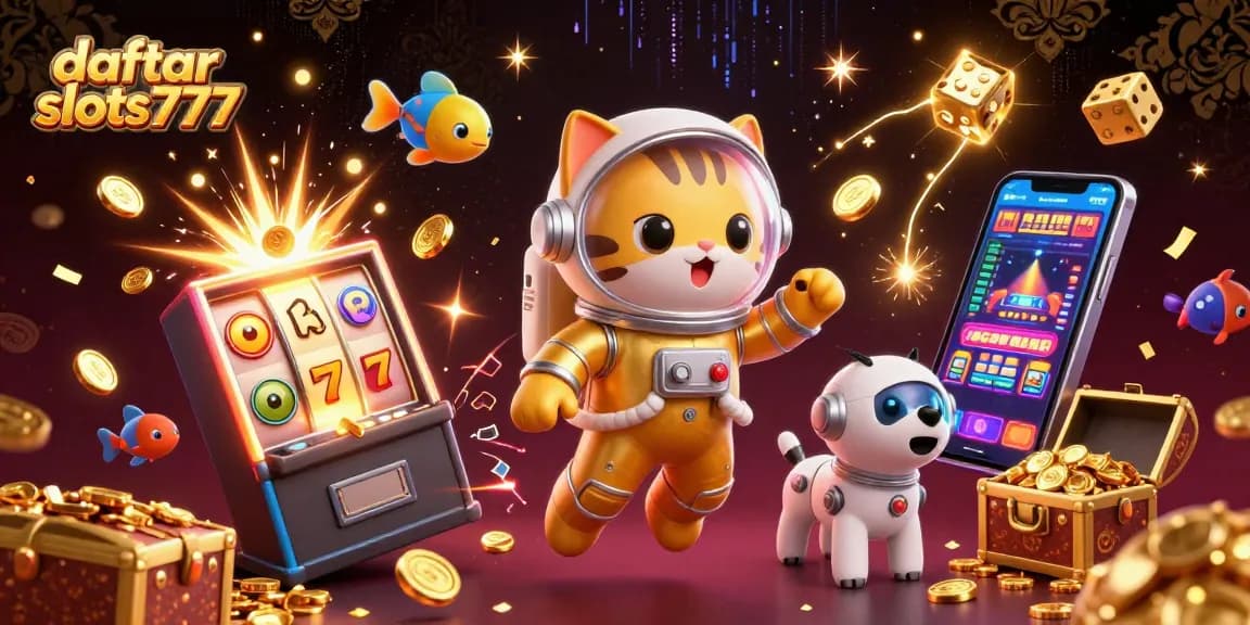 Experience the thrill of daftar slot777 with dynamic casino elements in a vibrant 3D scene.