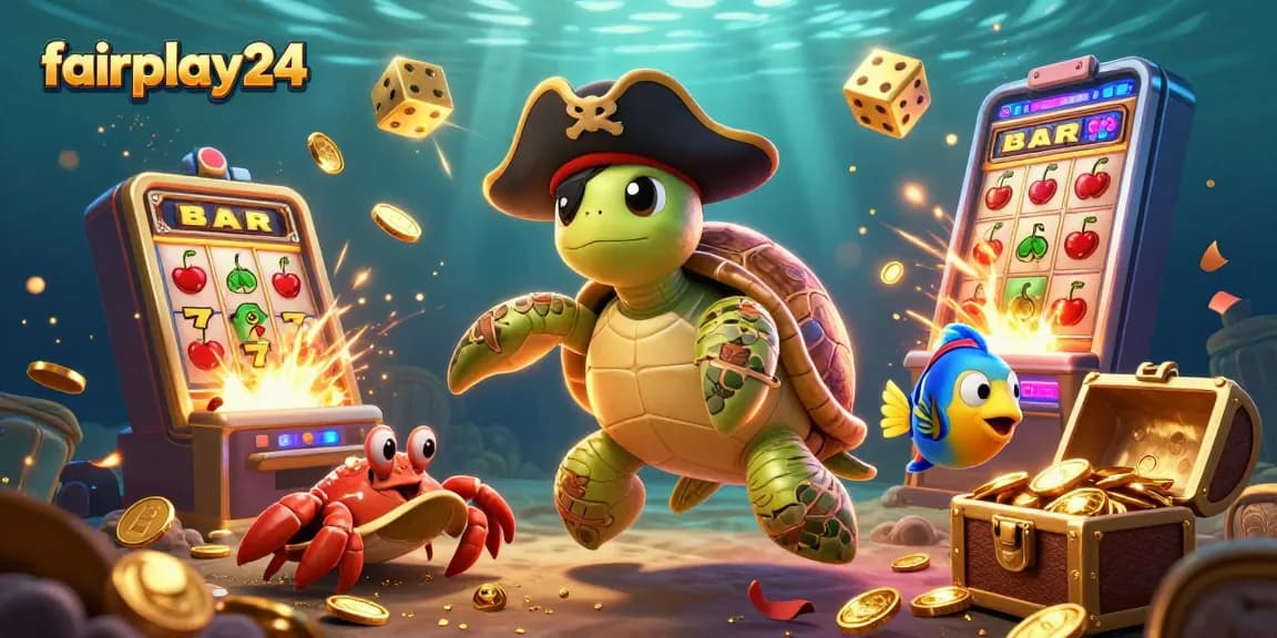 Experience thrilling wins with fairplay24 in this vibrant 3D casino scene of a pirate turtle and treasure.
