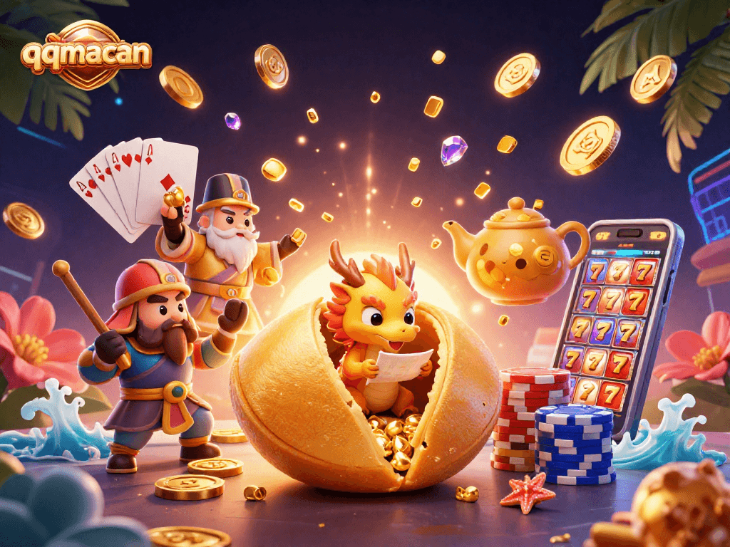 Engage in exciting gameplay with qqmacan as golden coins cascade from a giant fortune cookie scene