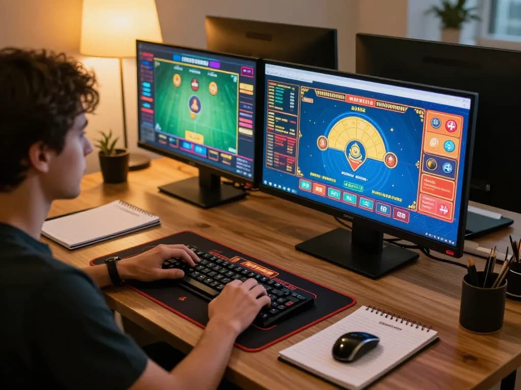 Player enjoying engaging online gaming at ho88 with multiple screens and strategic betting materials.