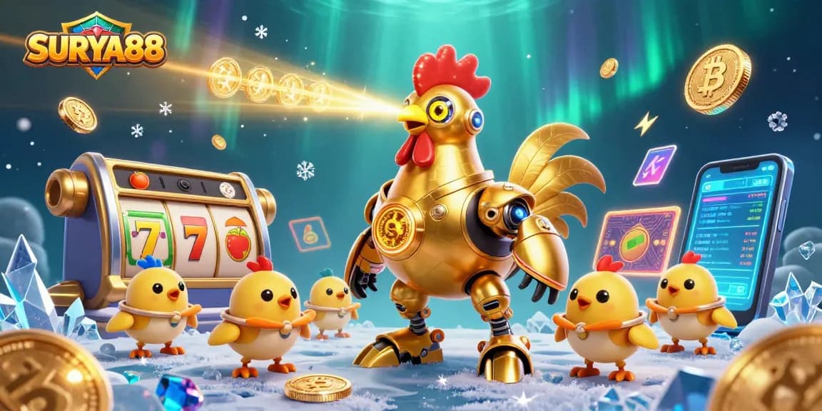 SURYA88 showcases a vibrant 3D illustration of a golden rooster robot amid slot reels and crypto coins.