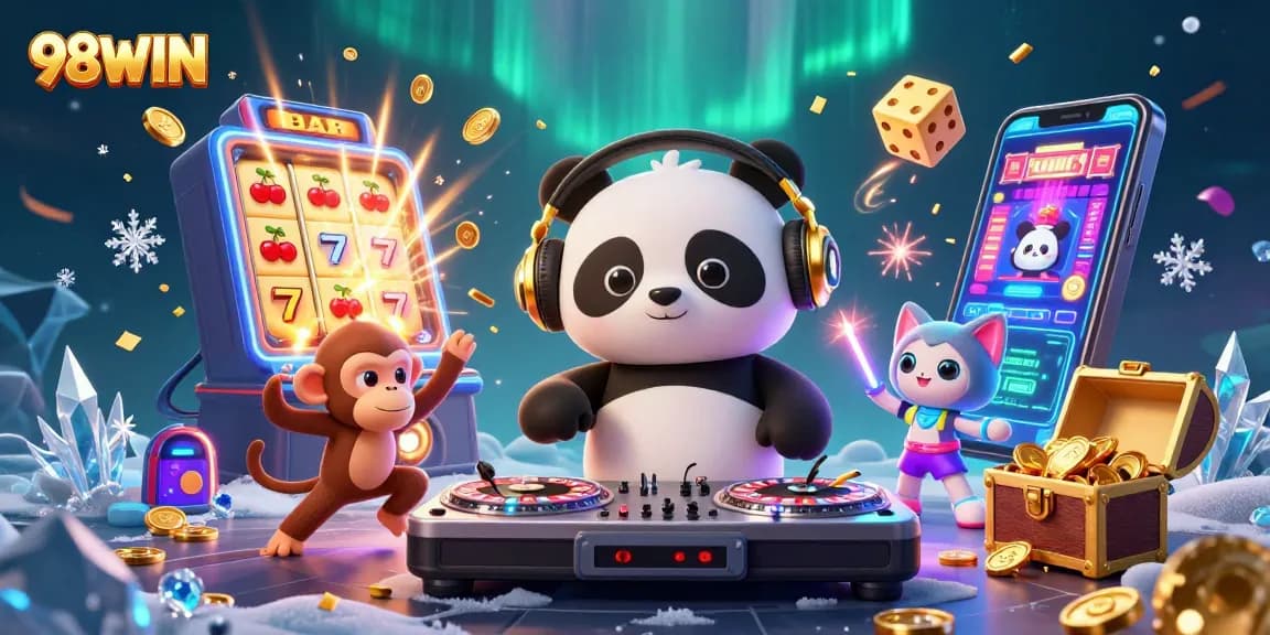 Engage in exciting 98WIN casino games with a vibrant scene of characters and rich visuals.