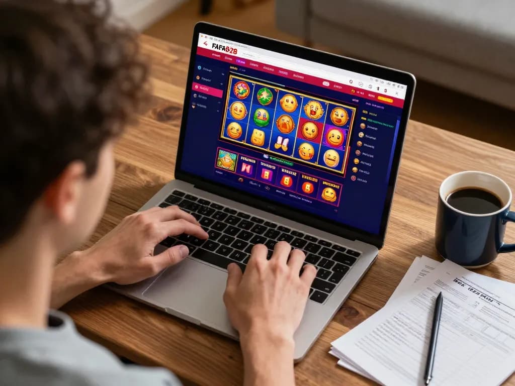 Player engaging with FAFA828 online slots on laptop in inviting home setting, showcasing responsible gaming.