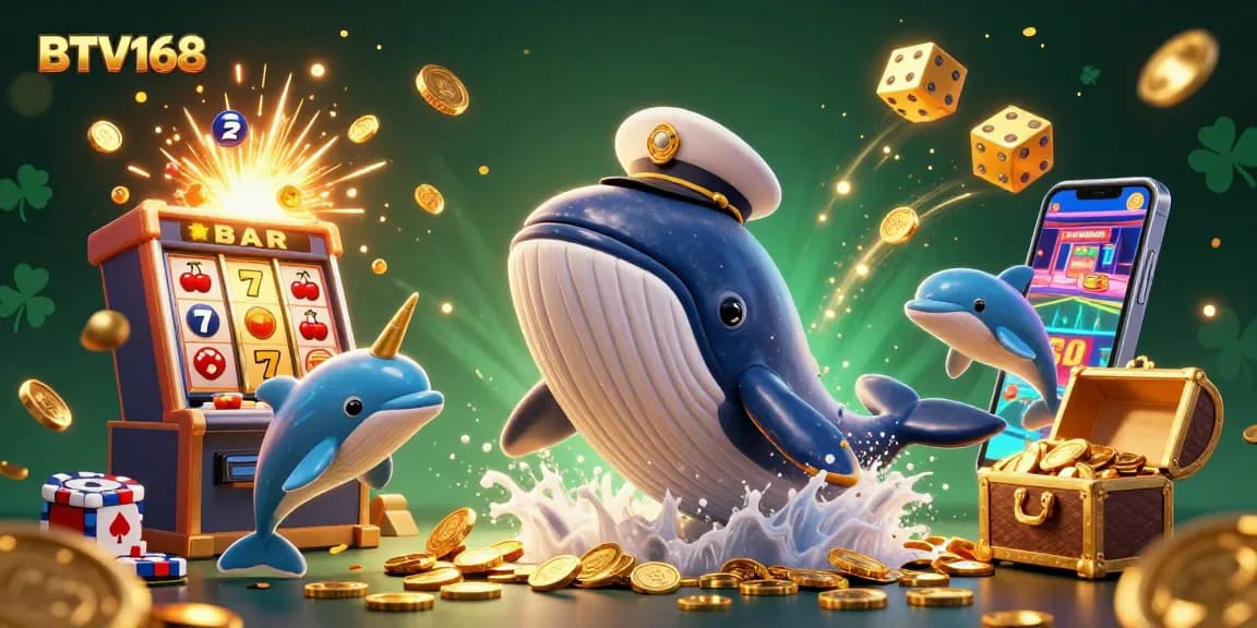 BTV168 engages players with a thrilling underwater casino adventure featuring a whale among gold coins.