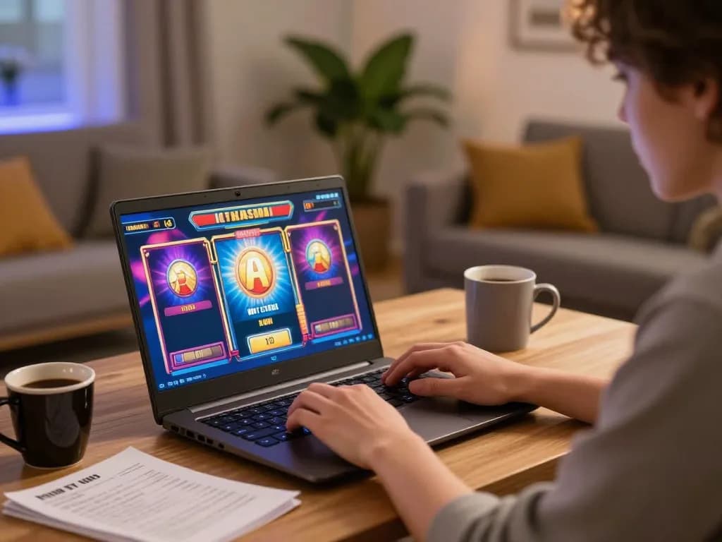 Person using SpinAdvisor for strategic slot gaming at home, cozy atmosphere.