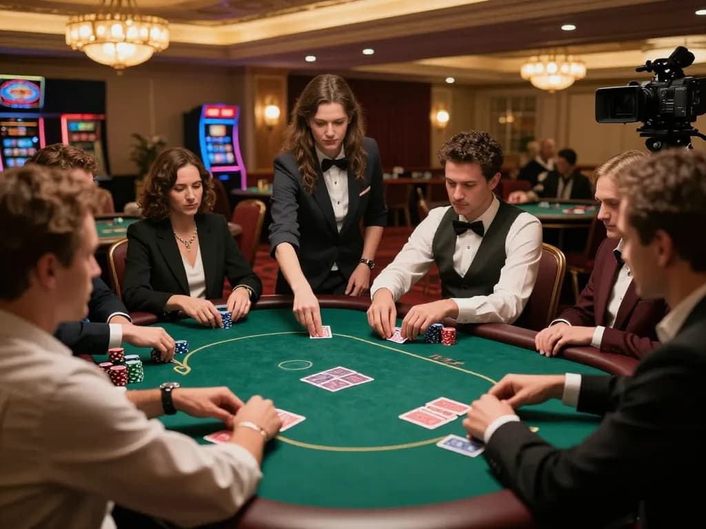 Players enjoy strategic poker gameplay at bk8's upscale casino, celebrating winning hands.