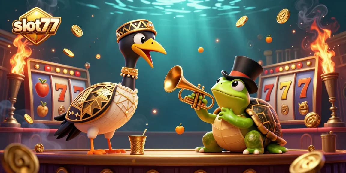 Spin to win on slot77 as the vibrant characters engage amidst slot reels and flying coins in this dynamic digital artwork.
