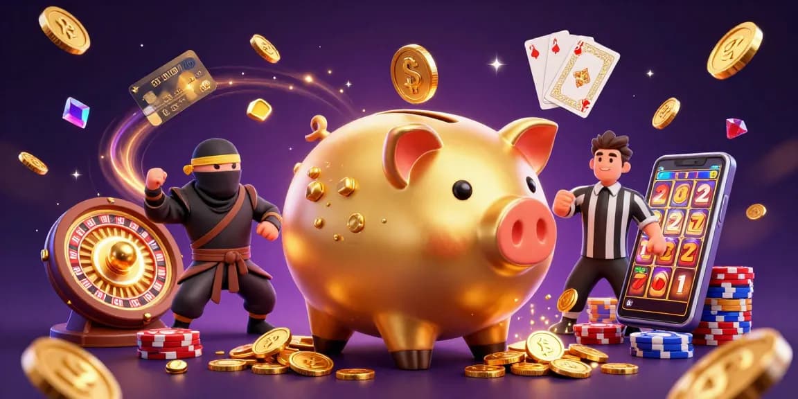 Engage with the dynamic scene of BJ88 featuring a piggy bank sumo wrestler, wallet ninja, and credit-card samurai in an exciting gambling setting.