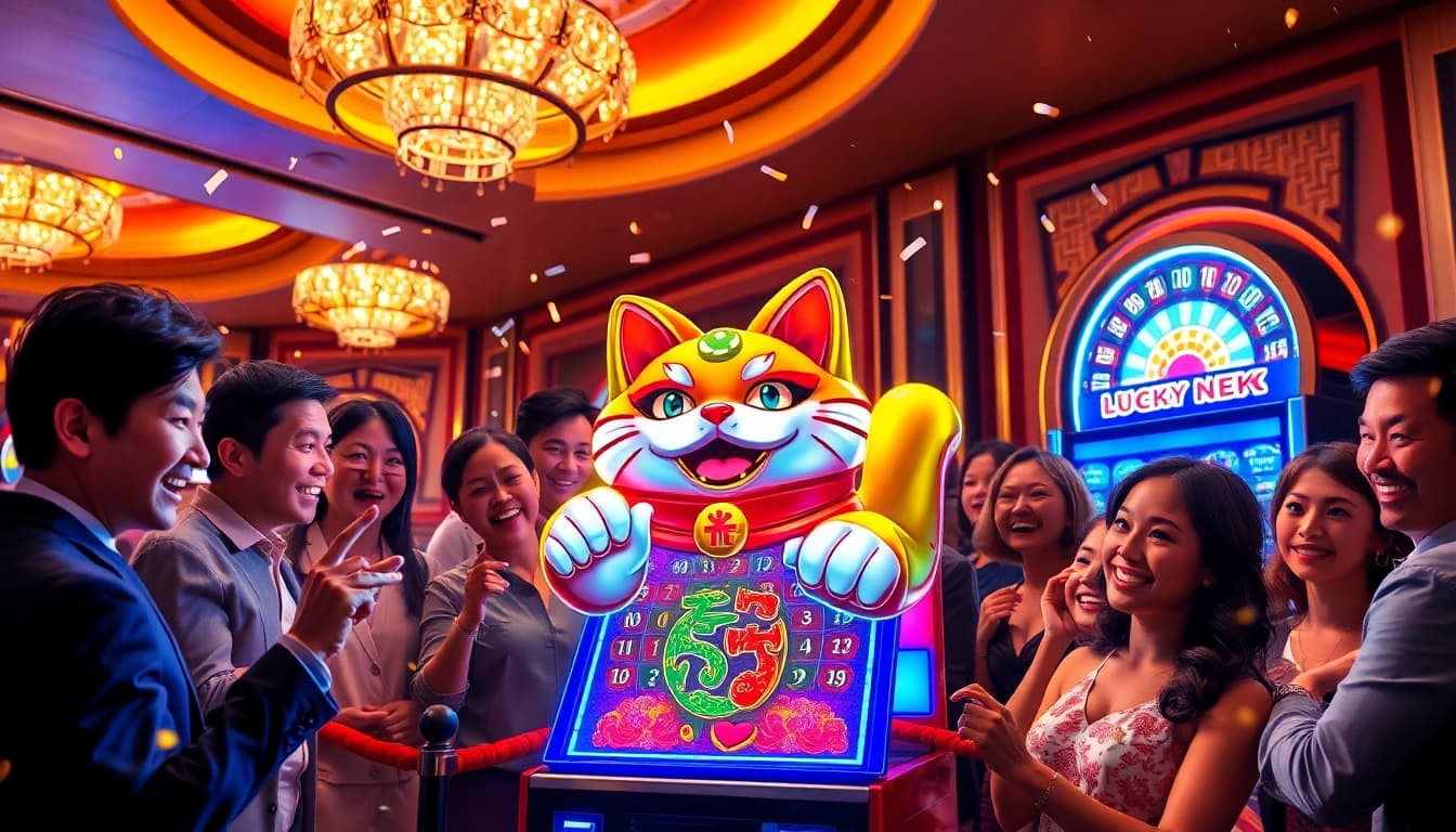 Play Lucky Neko PG Payline เยอะ slot machine while enjoying a vibrant casino atmosphere.