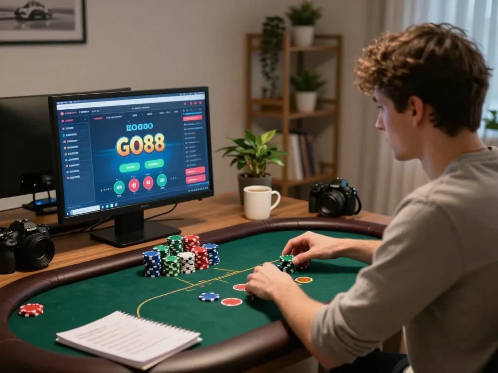 Player engaged in GO88 online poker game at home with strategy notes and cozy atmosphere.