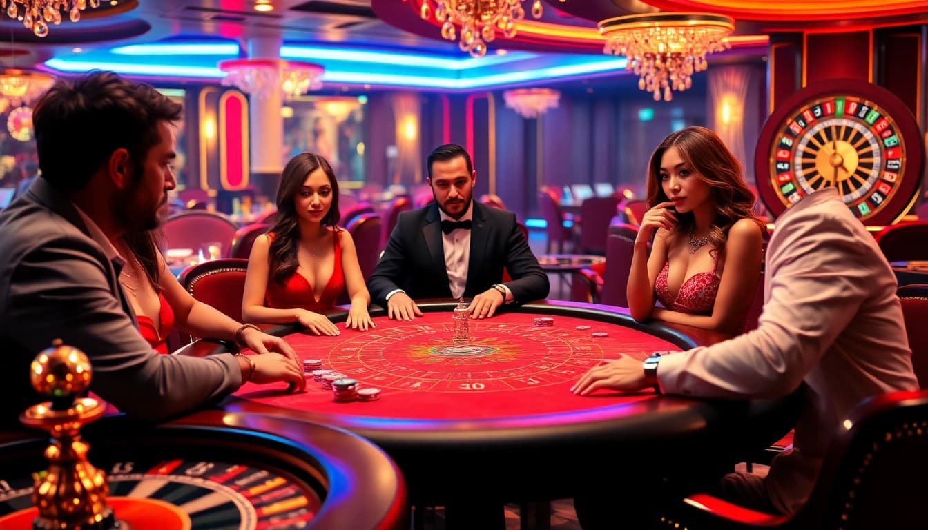 Engaging poker players immerse in an exhilarating sex game-themed casino experience.