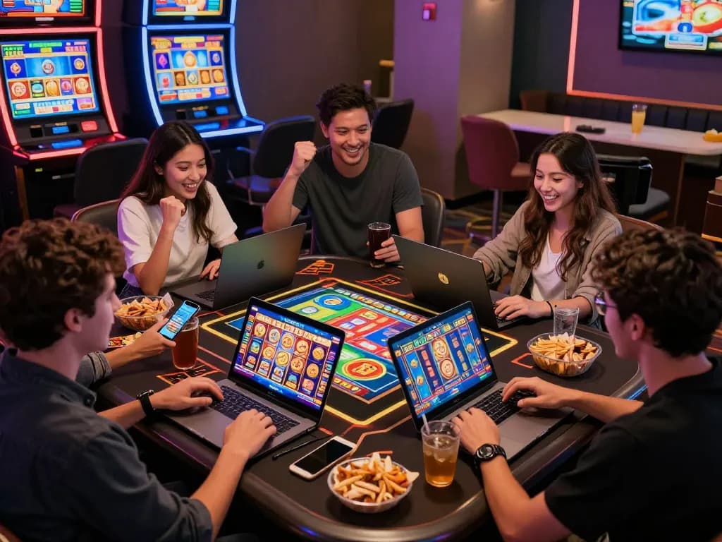 Friends playing exciting slot gacor games at a lively online casino.