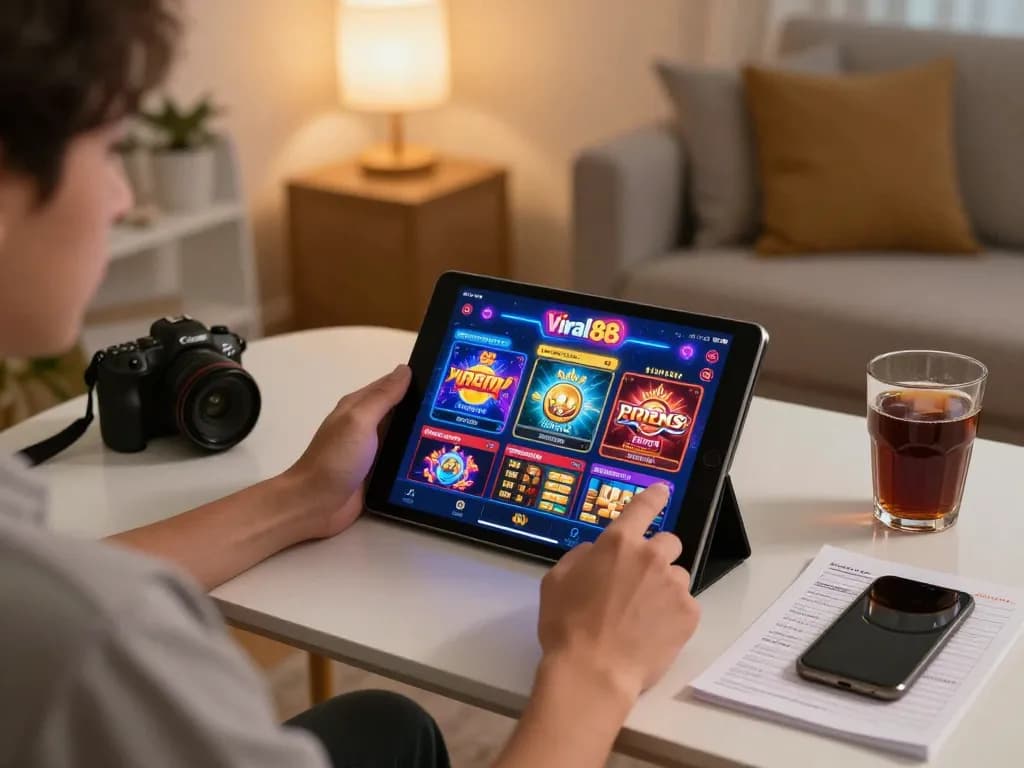 Engaging with viral88 casino on a tablet in a cozy gaming setup with strategic notes.
