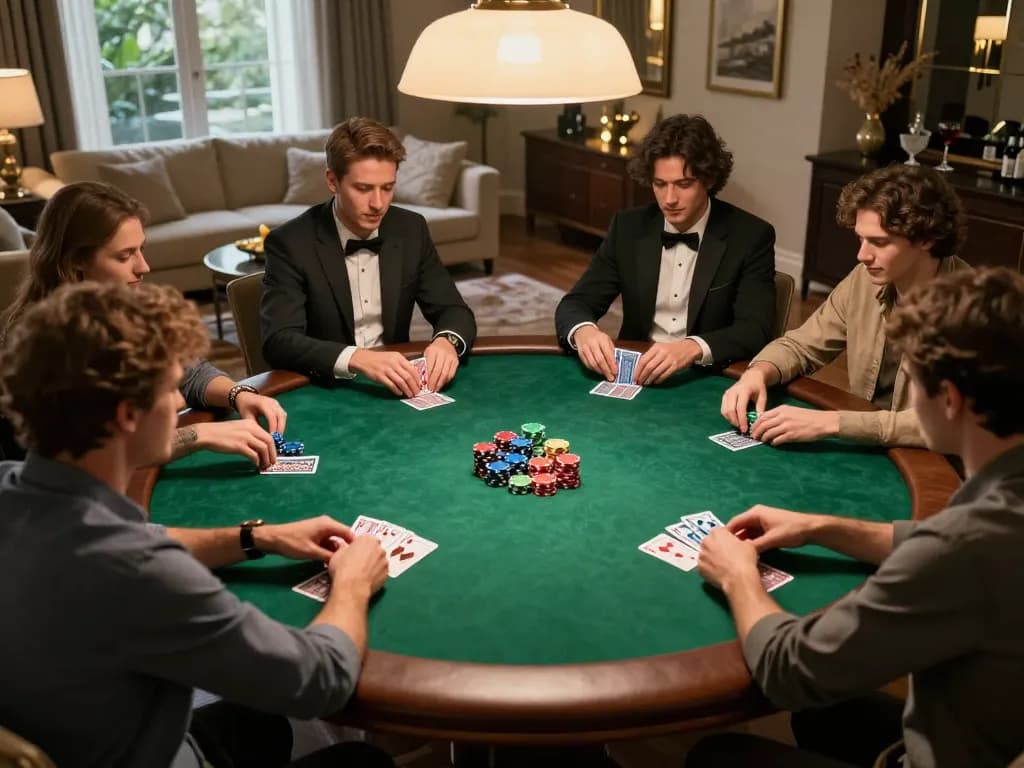 Players engaging in a strategic poker game at home, showcasing Slot88 atmosphere with vibrant chips and warm lighting.