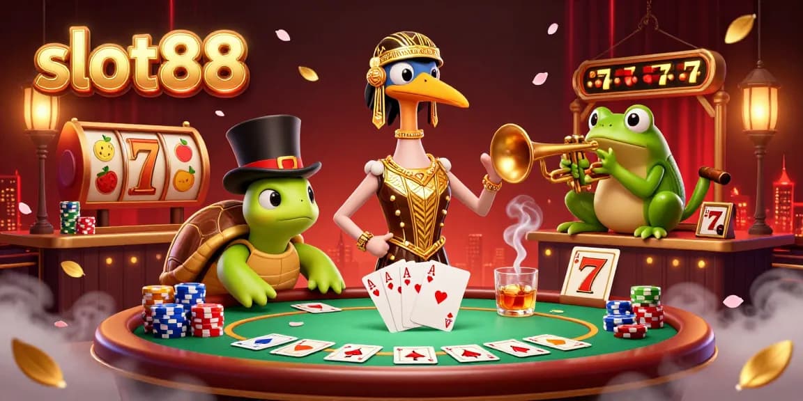Bermain slot88 dengan suasana ceria, menggambarkan karakter lucu dan elemen judi yang dinamis.