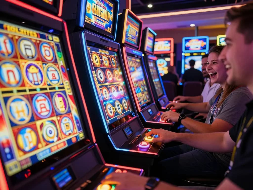 Players celebrating wins at vibrant slot 5k machines in a lively casino setting