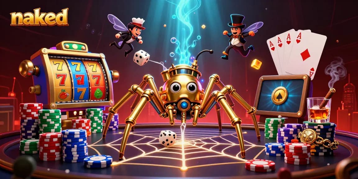 Experience the excitement of gambling with Naked slot reels and golden spider in rich detail.