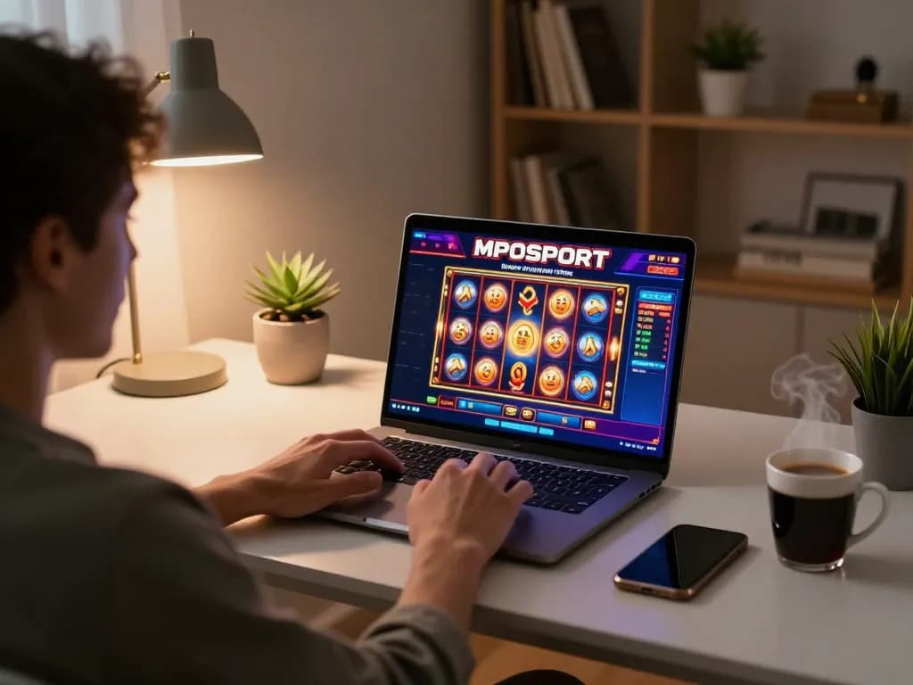 Experience MPOSPORT online gaming with vibrant slots and a cozy home setup.