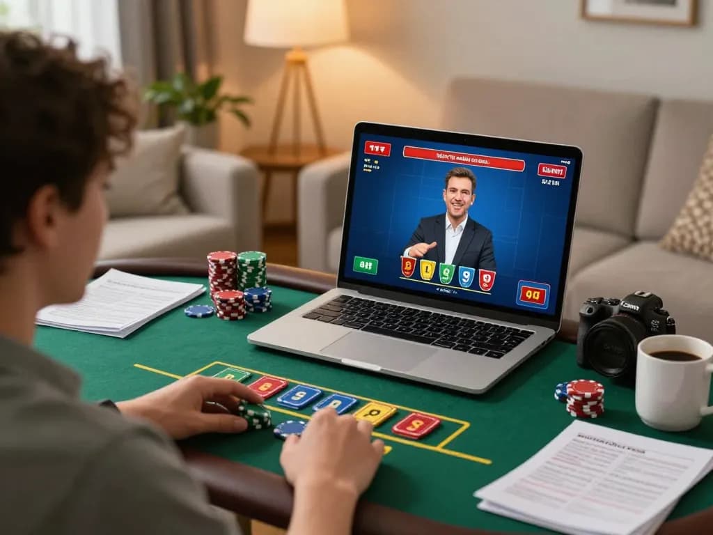 Keratontoto player enjoying winning blackjack on laptop in cozy home setup