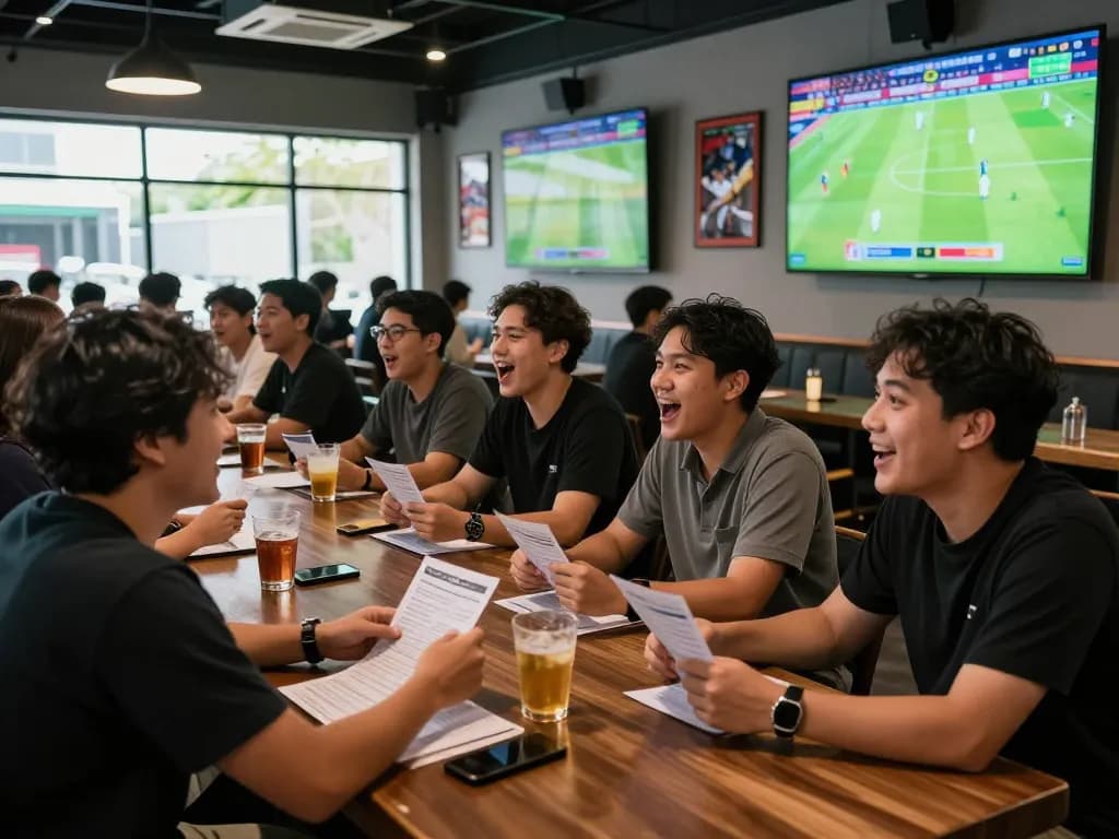 Diverse friends enjoying a lively sports betting lounge during a Judi Bola match.