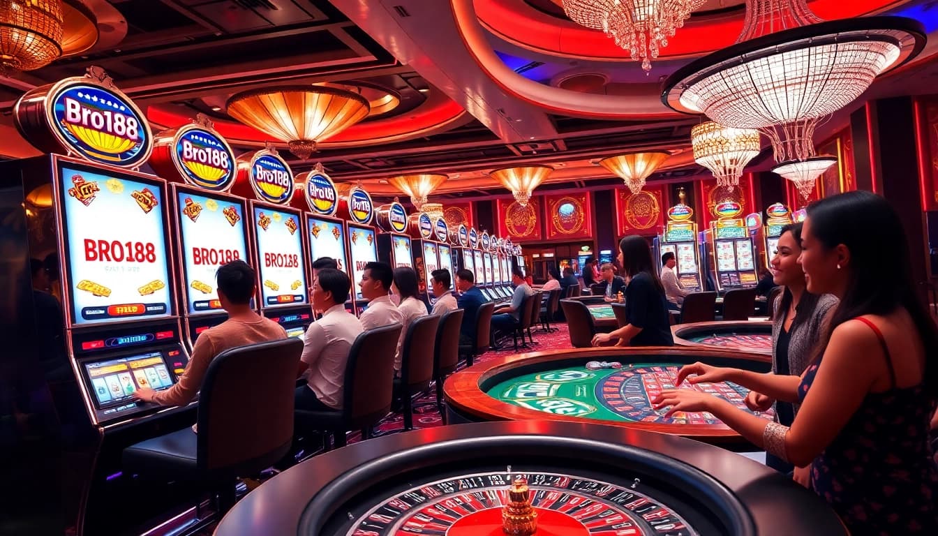 Experience Bro138 excitement with players at a luxurious casino enjoying slot games.