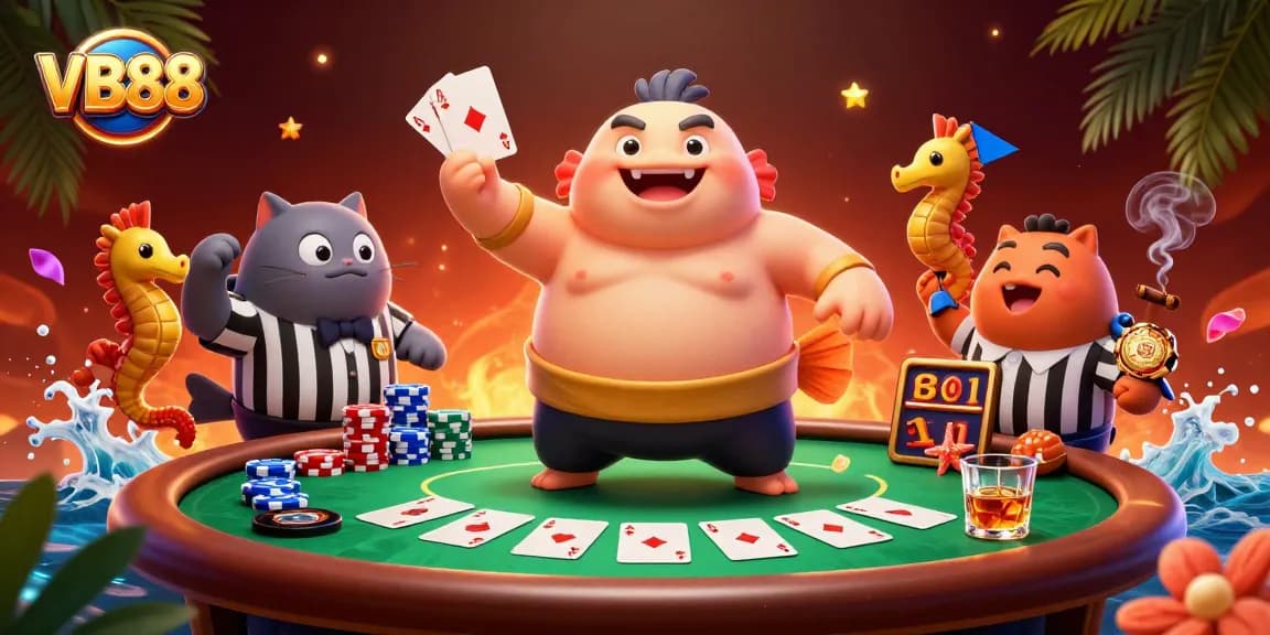 Bring luck with VB88 at a vibrant casino scene featuring poker elements and charming sea creatures.
