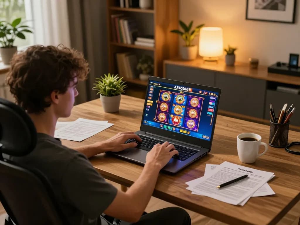 A player enjoying AZTEC888 online gambling experience on a laptop in a cozy home office.