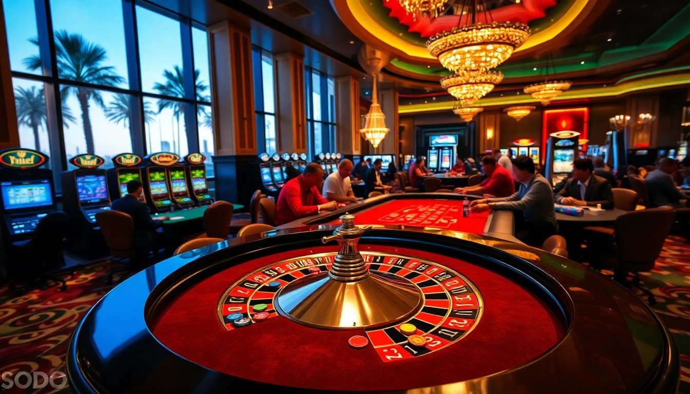 A vibrant casino scene in SODO, featuring players at a roulette table and glistening slot machines.