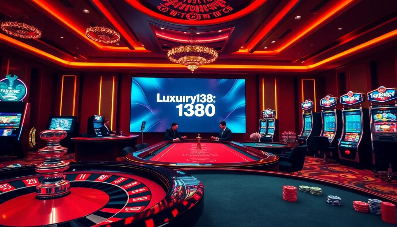 Experience the thrill at luxury138's vibrant casino with roulette, poker chips, and engaged players.