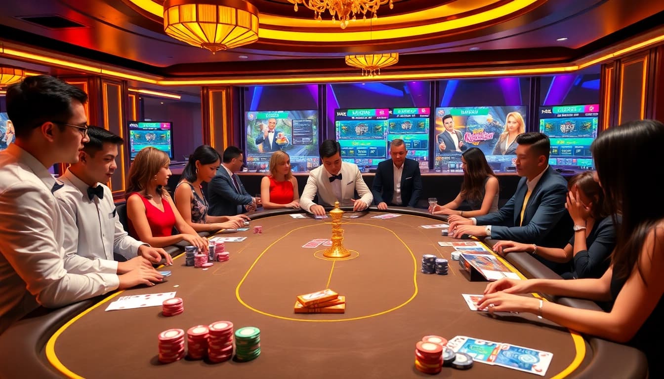 Players enjoying an exciting game at LC88 online casino, showcasing vibrant poker chips and cards.