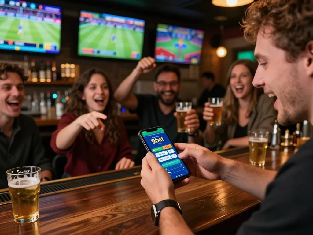 Betting excitement captured as a player uses the 9bet app at a vibrant sports bar, showcasing live event action.