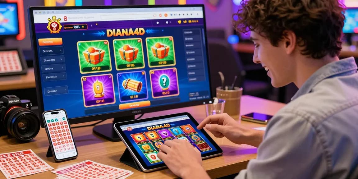 Pengguna DIANA4D sedang menikmati platform togel online sambil memegang tablet, dikelilingi tiket dan grafik menarik.