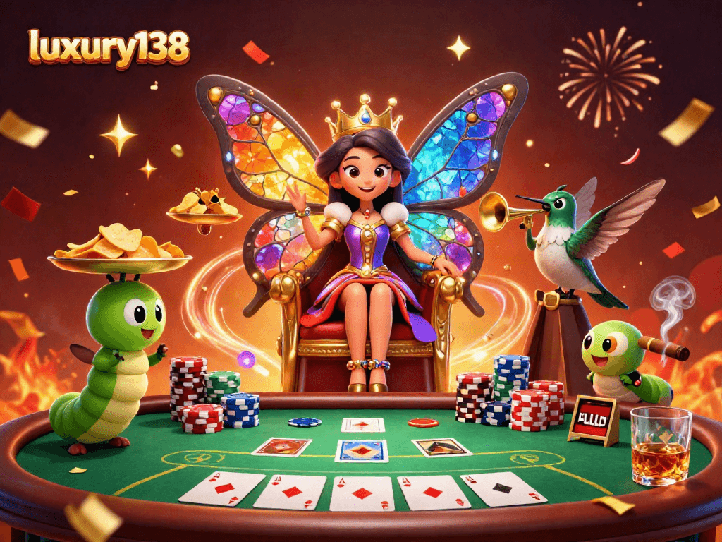 Gambarkan suasana meriah luxury138 di dunia kasino dengan ratu kupu-kupu dan permainan poker yang megah.