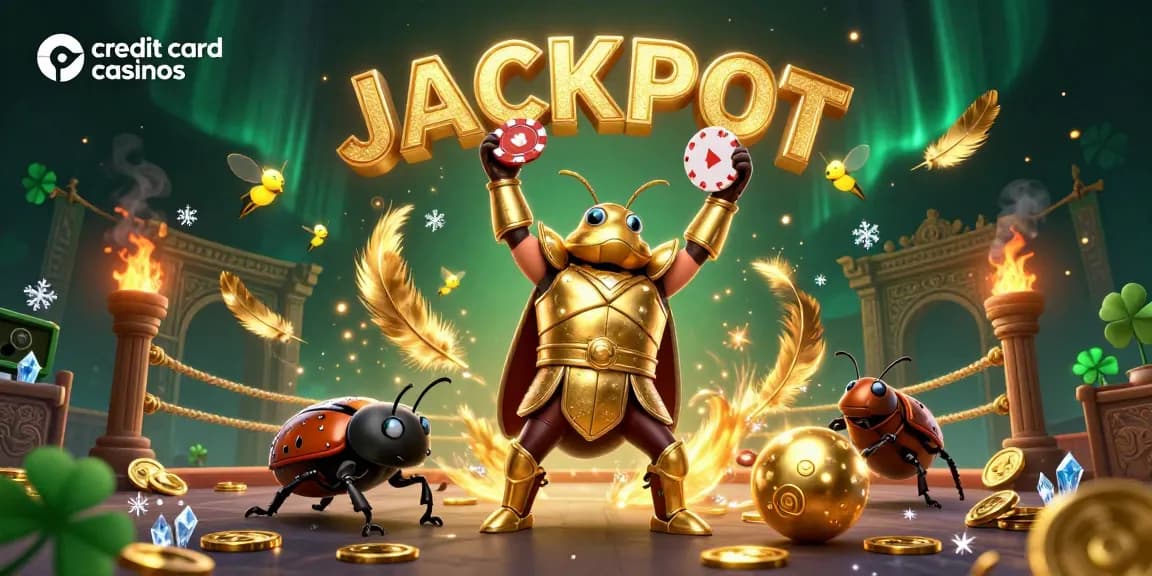 Celebrate wins at credit card casinos illustrated by a heroic beetle lifting a poker chip with vibrant elements.